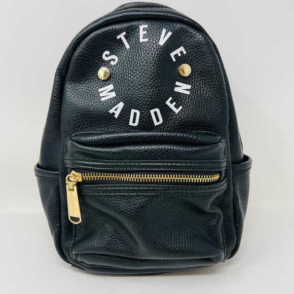 Steve Madden Vegan Pebble Leather Mini Backpack Black Gold - Picture 2 of 10